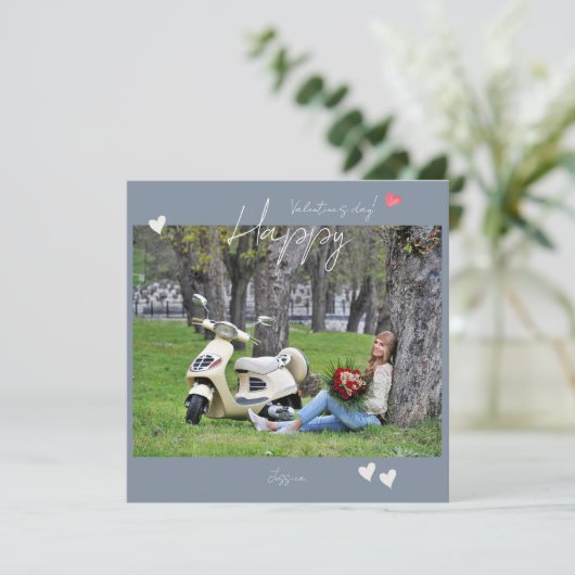 Happy Valentijn Day Modern Script Photo Bedankkaart (Staand voorkant)