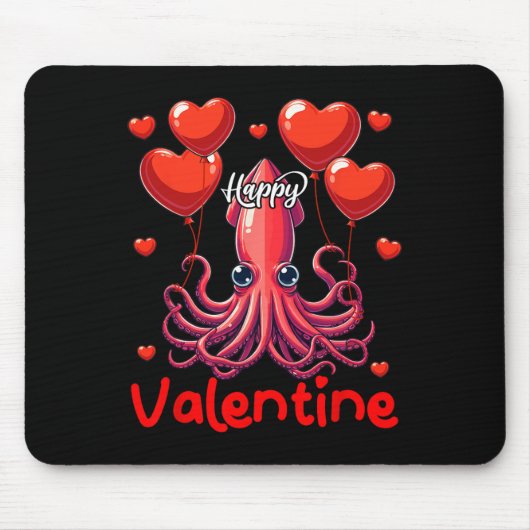 Happy Valentijn Squid Holding Heart Bylloons Lover Muismat (Voorkant)