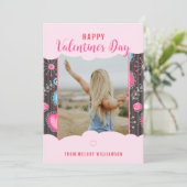 Happy Valentijn Whimsy Roze Blauw Hart Bloem Naam Feestdagenkaart (Staand voorkant)