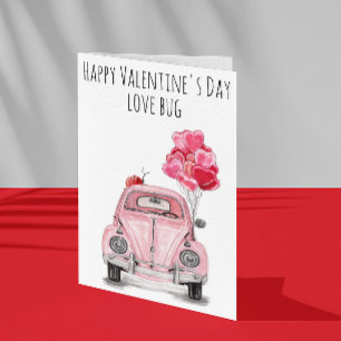 Happy Valentijnsdag Love Bug Pink Car Balloons Kaart