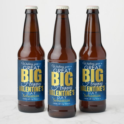 Happy Valentines Day Blue Gold Modern Bier Etiket (Flessen)