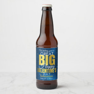 Happy Valentines Day Blue Gold Modern Bier Etiket