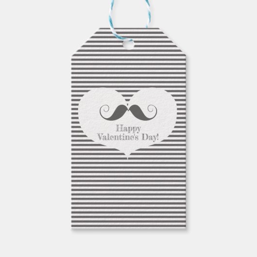 Happy Valentine's Day Fun Mustache & Grijze Strepe Cadeaulabel (Voorkant)