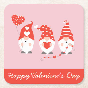 Happy Valentines Day Gnomes Red Pink Vierkante Kartonnen Onderzetter