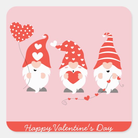 Happy Valentines Day Gnomes Red Pink Vierkante Sticker (Voorkant)