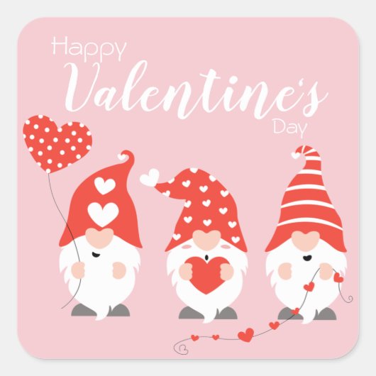 Happy Valentines Day Gnomes Red Pink Vierkante Sticker (Voorkant)