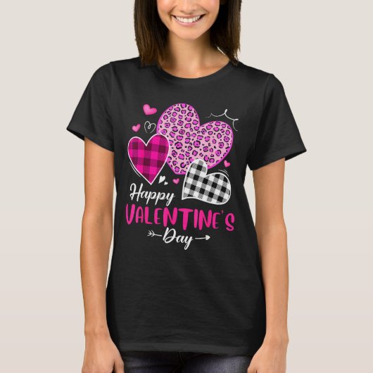 Happy Valentine's Day Leopard And Plaid Hearts Gir T-shirt (Voorkant)