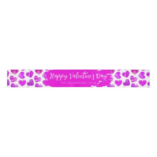 Happy Valentines Day Modern Paarse Roze Hart Naam Grosgrain Lint (Voorkant)