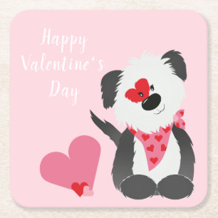 Happy Valentines Day Puppy Hearts Pink Vierkante Kartonnen Onderzetter