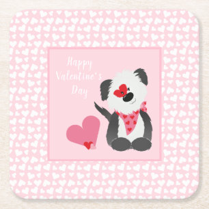 Happy Valentines Day Puppy Hearts Pink Vierkante Kartonnen Onderzetter