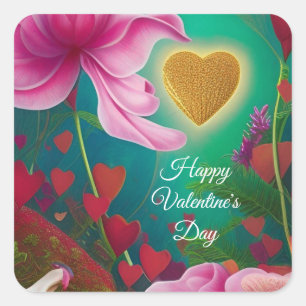 Happy Valentines Day - Roze bloemen en harten Vierkante Sticker