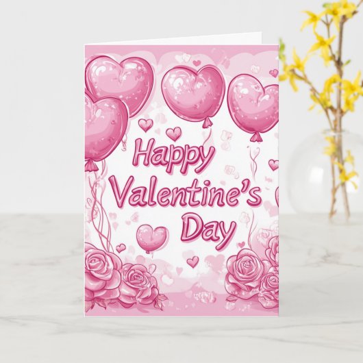 Happy Valentines Day Rozen en Harten roze Kaart (Gele Bloem)