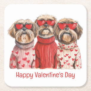 Happy Valentines Day Shih Tzu Dogs Vierkante Kartonnen Onderzetter