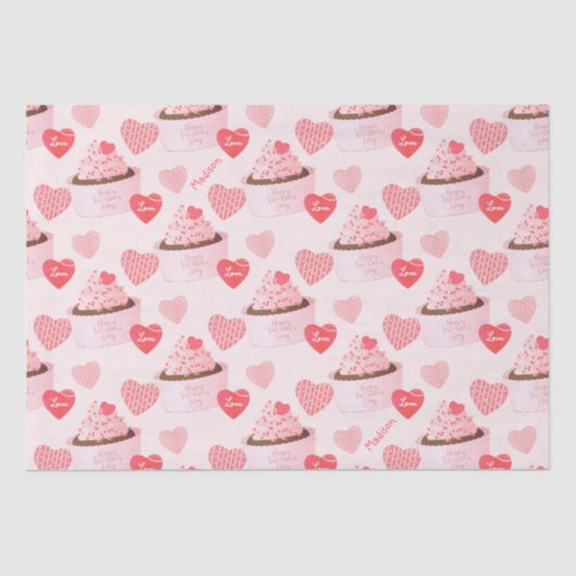Happy Valentin's Day Cupcake and Hearts Pattern Tissuepapier (Voorkant)