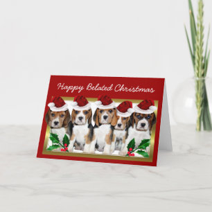 Happy Verlate Christmas Beagle puppies kaart