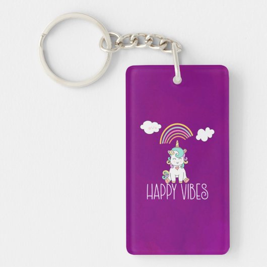 Happy Vibes Typography Cute Smiling Unicorn Sleutelhanger (Voorkant)