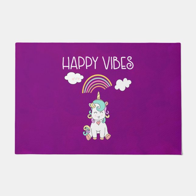 Happy Vibes Typography Geweldige Rainbow & Unicorn Deurmat (Voorkant)