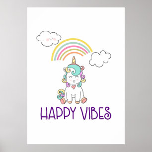 Happy Vibes Typography Geweldige Rainbow Unicorn Poster
