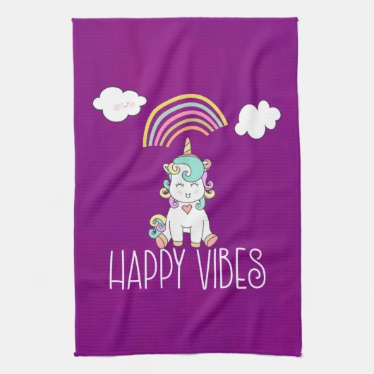 Happy Vibes Typography Geweldige Rainbow & Unicorn Theedoek (Verticaal)