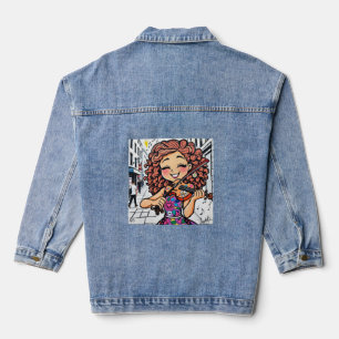 Happy Violin Girl Cartoon voor muziekliefhebbers Denim Jacket