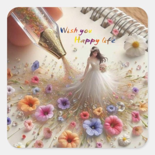 Happy Wedding Square Stickers (Voorkant)