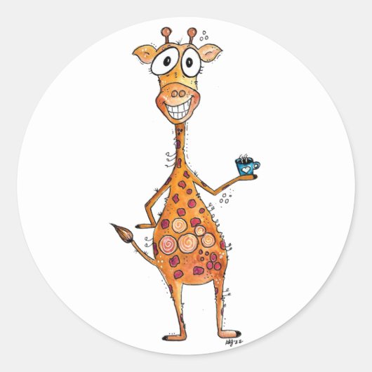 Happy Whimsical-Giraffe Drink koffie Ronde Sticker (Voorkant)