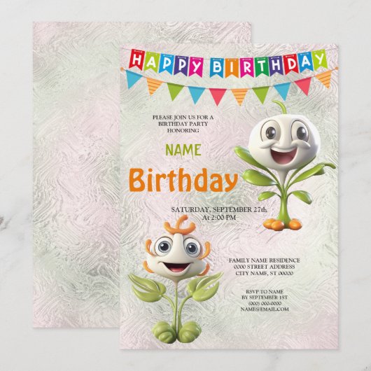 Happy White Flowers Verjaardagsfeestuitnodiging Kaart (Voorkant / Achterkant)