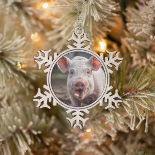 Happy White Pig Tongue Poke, Tin Sneeuwvlok Ornament
