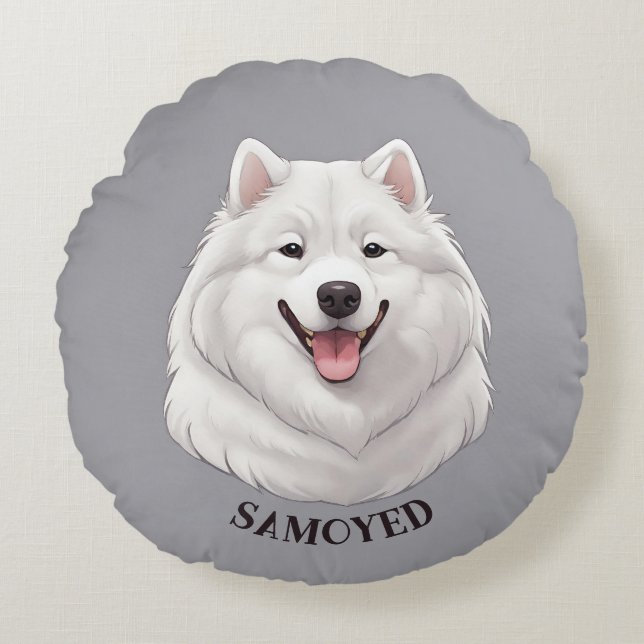 Happy White Samoyed Dog Rond Kussen (Voorkant)
