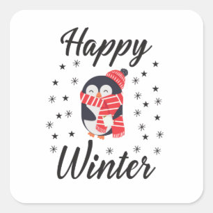Happy Winter, Cute Penguin Vierkante Sticker