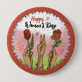 Happy Women's Day Red Button Hands Holding Tulips (Voorkant)