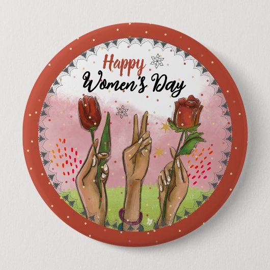 Happy Women's Day Red Button Hands Holding Tulips (Voorkant)