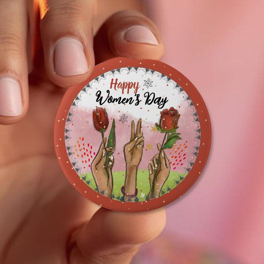 Happy Women's Day Red Button Hands Holding Tulips