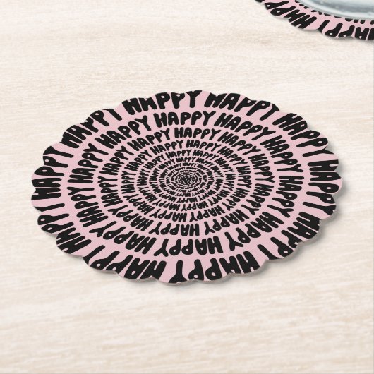 Happy words font spiraal concentrische cirkels roz kartonnen onderzetters (Gekanteld)
