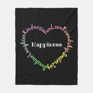Happy Words Pastel Typography Heart Black Fleece Deken