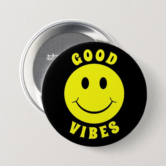 Happy Yellow Face Good Vibes Black Ronde Button 7,6 Cm (Voorkant /achterkant)
