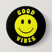 Happy Yellow Face Good Vibes Black Ronde Button 7,6 Cm (Voorkant)