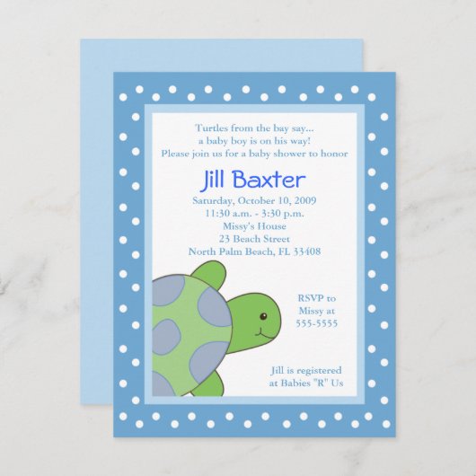Happy Zee Turtle Blue Baby shower Invitation Kaart (Voorkant / Achterkant)
