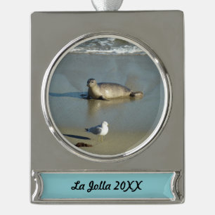 Harbour Seal in La Jolla California Verzilverd Banner Ornament
