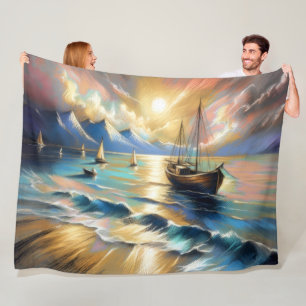 Hard Pastel Drawing Boats Water Fleece Deken