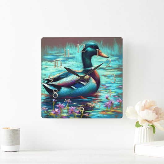Hard Pastel Drawing Painting of a Mallard Duck Vierkante Klok (Huis)