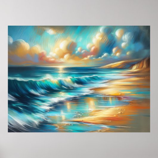 Hard Pastel Drawing Waves op een Strand III Poster (Voorkant)