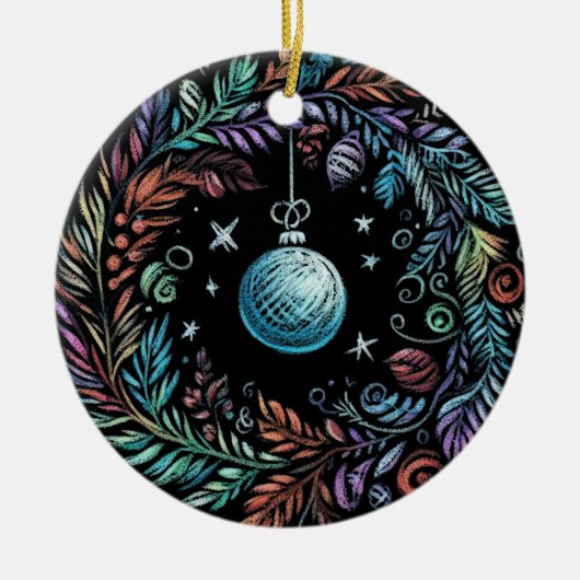 Hard Pastel tekening Kerstkrans Keramisch Ornament (Voorkant)