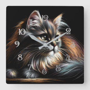 Hard pastel tekening langharige kat vierkante klok