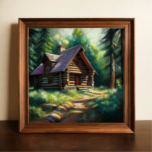 Hard Pastel Tekening van Log Cabin in de Bossen Poster