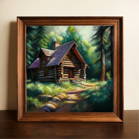 Hard Pastel Tekening van Log Cabin in de Bossen Poster