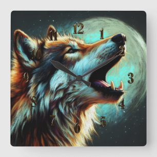Hard Pastel Tekening Wolf Huilende Maan Vierkante Klok