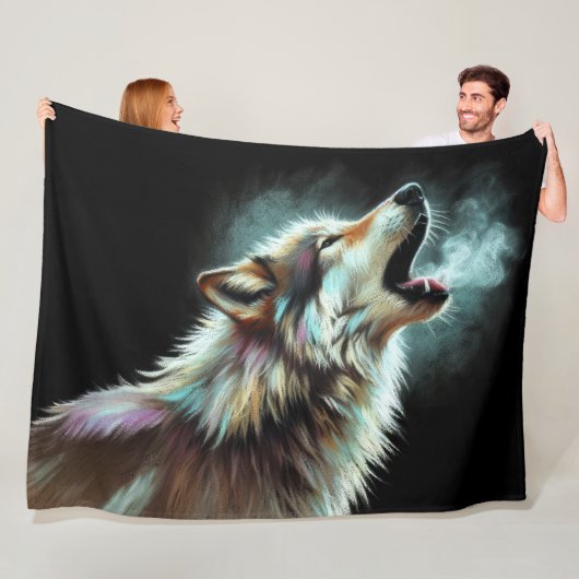 Hard Pastel Wolf op Zwart Fleece Deken (In situ)