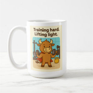 Hard trainen. Licht optillen. Bullio Cartoon Desig Koffiemok
