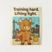 Hard trainen, licht tillen - Funny Bullio Gym Ta Wandkleed (Voorkant)